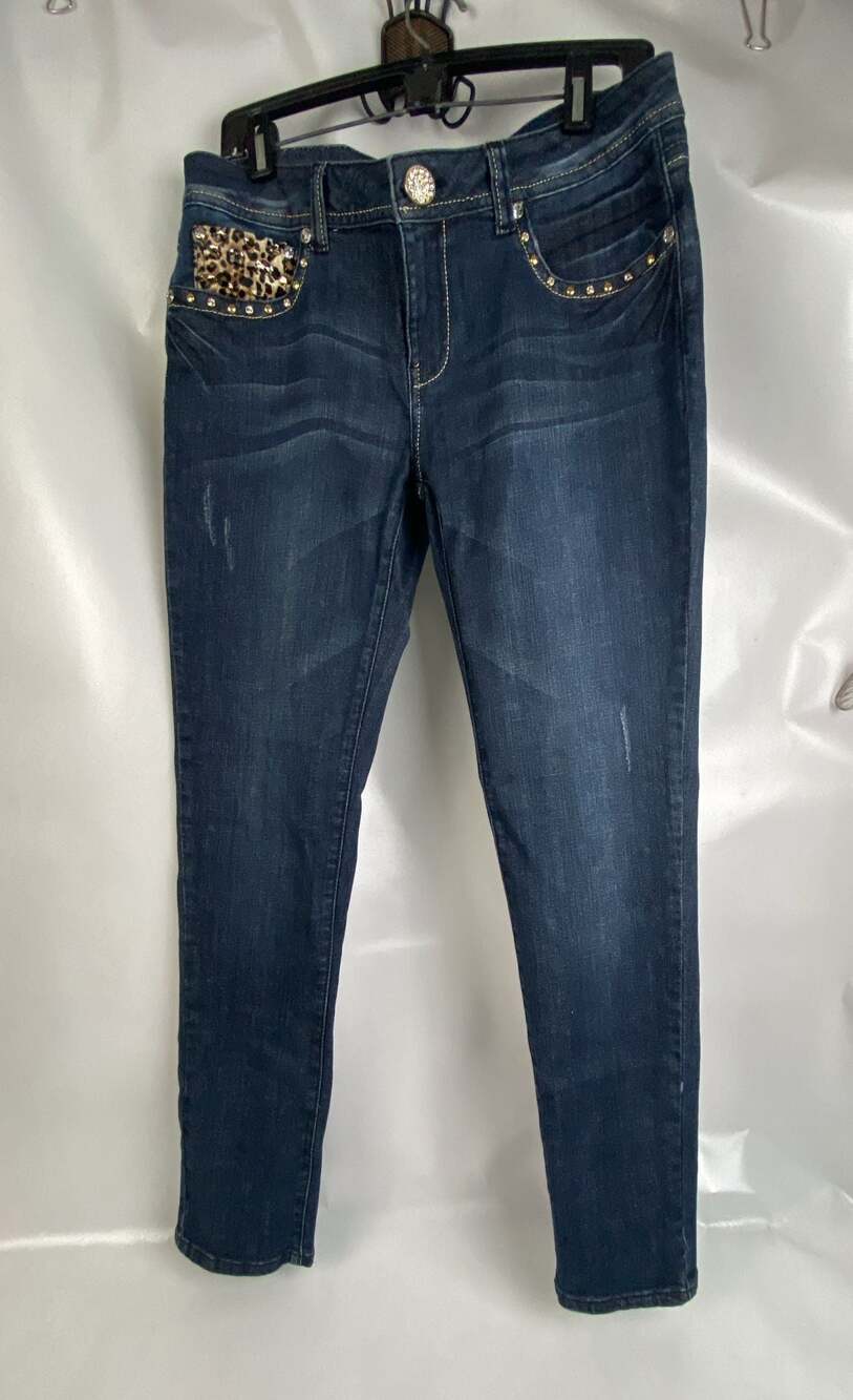 L.A. Idol USA Women's Dark Wash Embellished Jeans with Animal Print Pocket